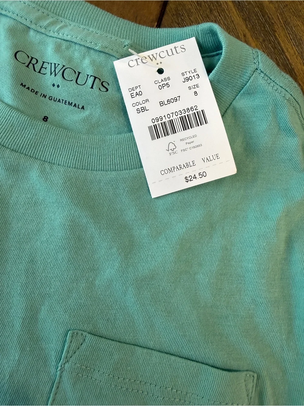 Crewcuts NWT Seafoam Green/Blue Longsleeve Pocket Tee Boys Size 8 100% Cotton